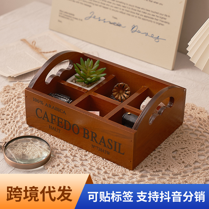 Storage & Organization - 雑貨レトロ木製ポータブル6グリッド収納ボックス多肉植物デスクトップ化粧品雑貨収納整理木製ボックス