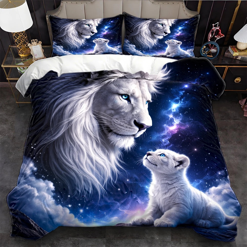 Duvet Cover Sets With Zipper - 3ピース星空ライオン親子テーマ布団カバーセット、寝具3点セット（布団カバー1枚+枕カバー2枚）、オールシーズン対応、洗濯機洗い可能、見えないジッパーデザイン、大型ダブルベッドカバー寝具セット、自宅のマスターベッドルーム、ゲストルーム、寮、夢のような宇宙動物柄寝具、肌に優しい、通気性のある、快適な寝具セット、売れ筋星空ライオン布団カバーセット、高品質寝室装飾寝具セット2Dフラットプリント
