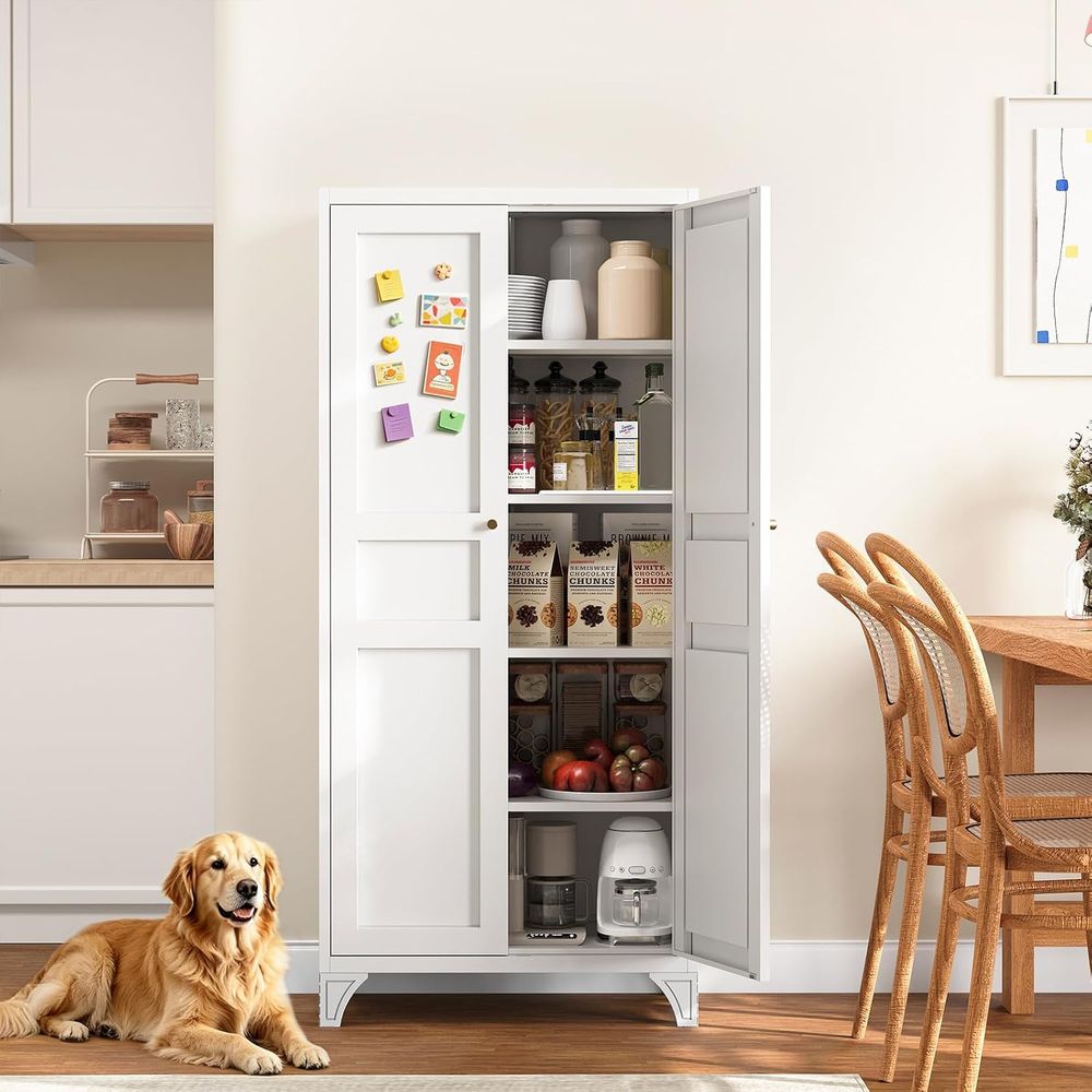 Kitchen - 金属製収納キャビネット（2ドア、4段調節可能棚付き）- 61 ホワイトキッチンパントリー収納 5段背高スチールキャビネット（キッチン用）