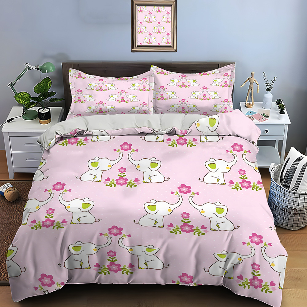 Duvet Cover Sets With Zipper - ピンクの漫画の象と花柄の布団カバーセットデジタルプリントポリエステル寝具セットジッパー開閉式子供用ギフト用