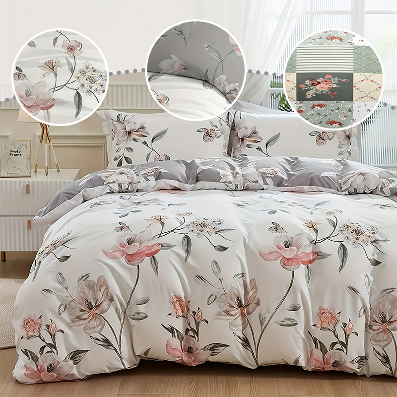 Aesthetic Floral Duvet Cover - 2/3ピース グリーンフローラル布団カバーセット クイーンサイズ 両面デザイン寝具 枕カバー付き ファームハウス
