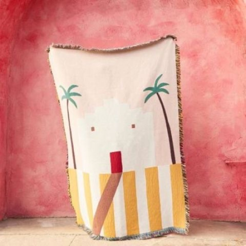 Boho Throw Blanket Fringe - パステルピンクのデザートアドーブスローブランケット、ミッドセンチュリーモダンなヤシの木織りタペストリー、フリンジ付き、ボヘミアンミニマリスト装飾スローブランケット