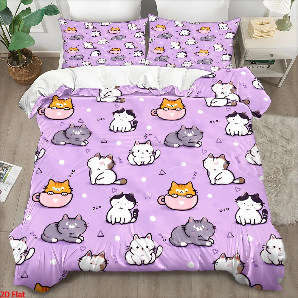 Duvet Cover Sets With Zipper - 3点セットのかわいい猫柄布団カバーセット、3点寝具セット（1枚の布団カバー+2枚の枕カバー）、肌に優しく通気性のあるポリエステル織り寝具、柔らかく快適なオールシーズン対応、見えないジッパー、お手入れ簡単で耐久性があり、しわになりにくい、洗濯機で洗える、居心地の良い家の寝室の装飾、学生寮用ダブルベッド寝具、北欧スタイル、マスターベッドルームやゲストルームに最適、モダンミニマリストライトラグジュアリースタイルベッドカバーセット、大型ダブルベッドカバーセット2