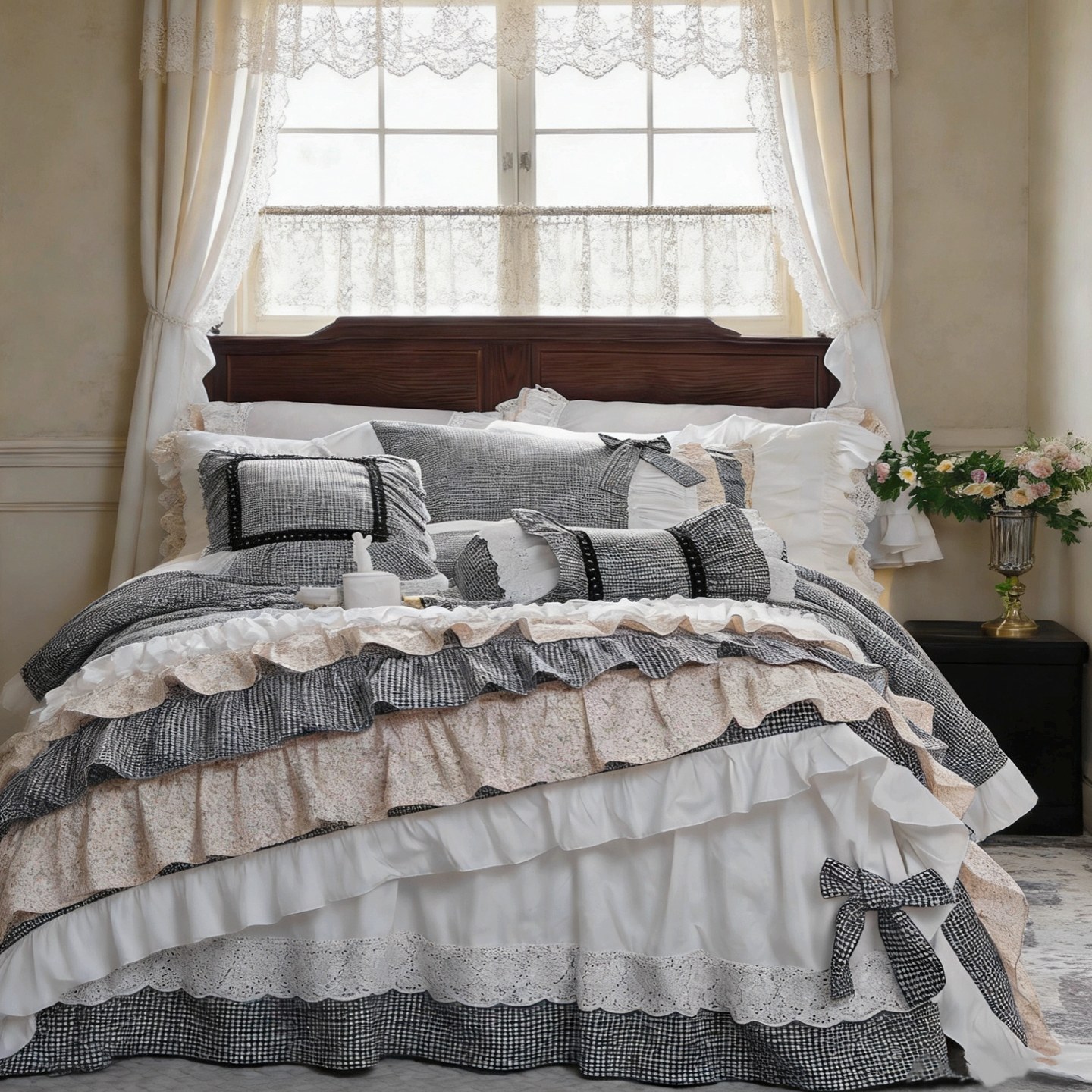 Aesthetic Floral Duvet Cover - カントリーコテージコア寝具セット プリンセス風チェック柄花柄フリル付きベッドスカート 100%コットン布団カバーセット（枕カバー付き）