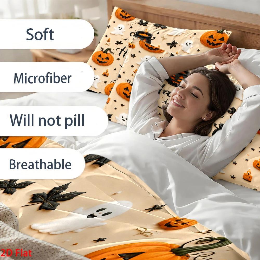Duvet Cover Sets With Zipper - ソフトな掛け布団カバーセット、掛け布団カバー1枚+枕カバー2枚（中綿なし）、2Dフラットプリント掛け布団カバーセット、パンプキンゴーストハロウィンテーマ、漫画イラストスタイル、掛け布団カバーセット、クリスマスデコレーション、オールシーズン対応、洗濯機で洗える、隠しジッパー、大型掛け布団カバーセット、寝具セット、キルトカバー
