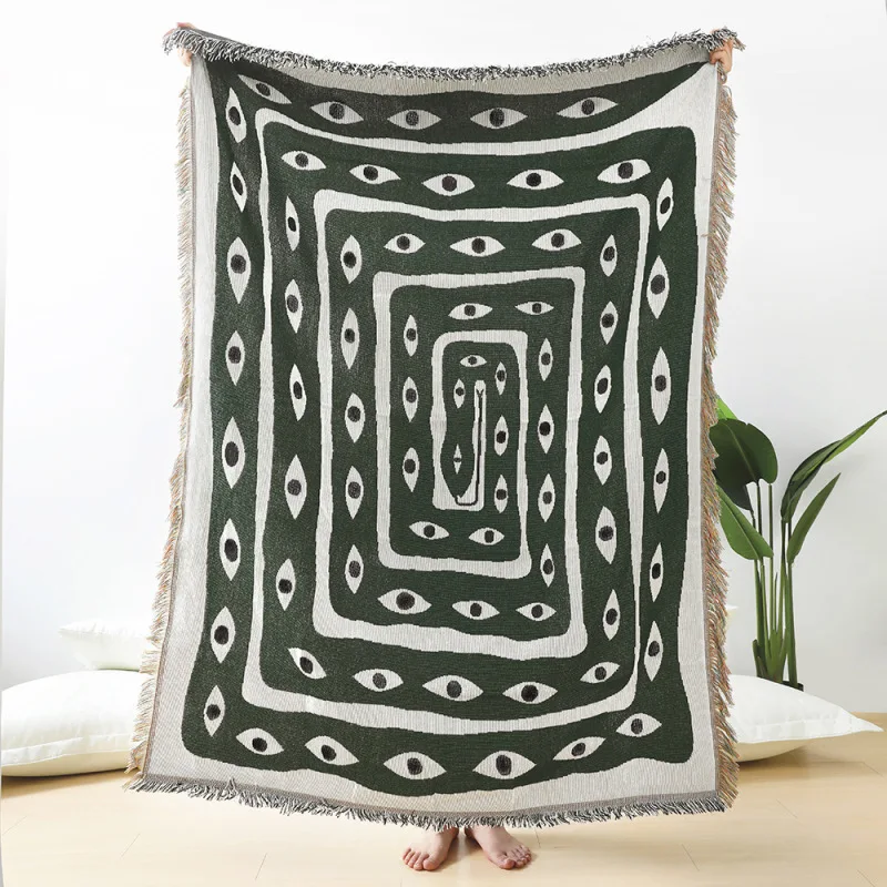 Boho Throw Blanket Fringe - グリーンホワイト邪眼ジャカードスローブランケット抽象的なボヘミアンタペストリー、フリンジ付き、神秘的な部族装飾、ソファカバー、ビーチ、キャンプ用