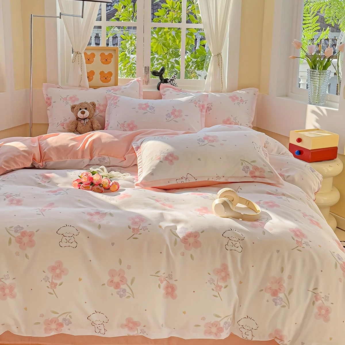 4点セット ソフト無地花柄植物プリントキルトカバーセット、羽 - Duvet Cover Sets With Zipper のレビューと価格
