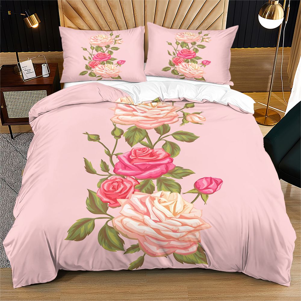 ソフトピンクローズ花柄プリント布団カバーセット掛け布団カバー - Aesthetic Floral Duvet Cover のレビューと価格