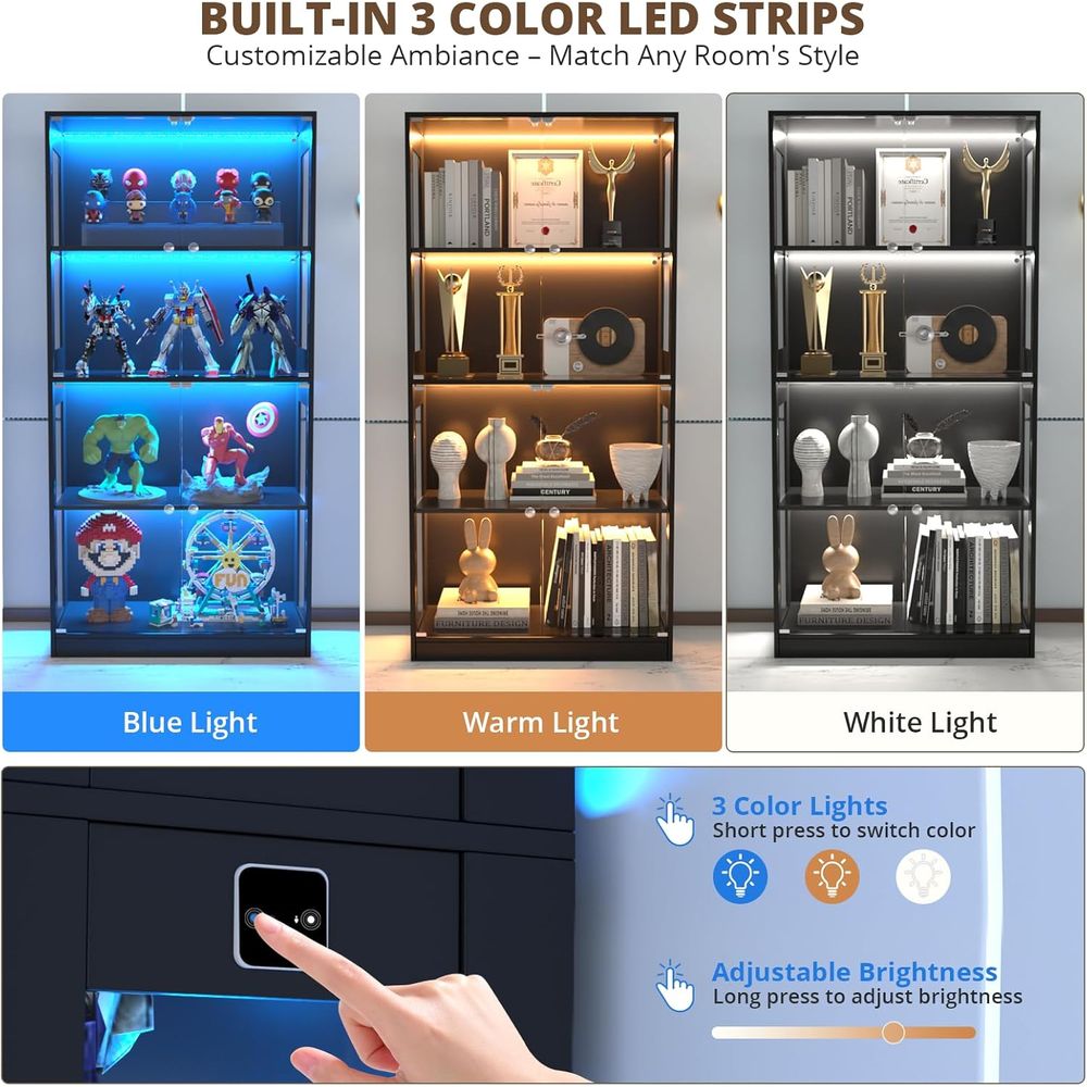 65ガラス扉ディスプレイキャビネット、センサー照明付き4段キ - Lighting のレビューと価格