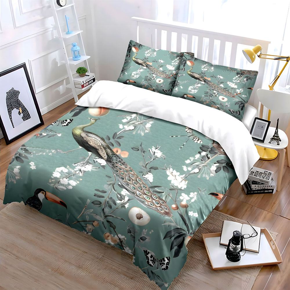 3PC ピーコックオオハシ花柄寝具セット、トロピカルバード＆ - Aesthetic Floral Duvet Cover のレビューと価格