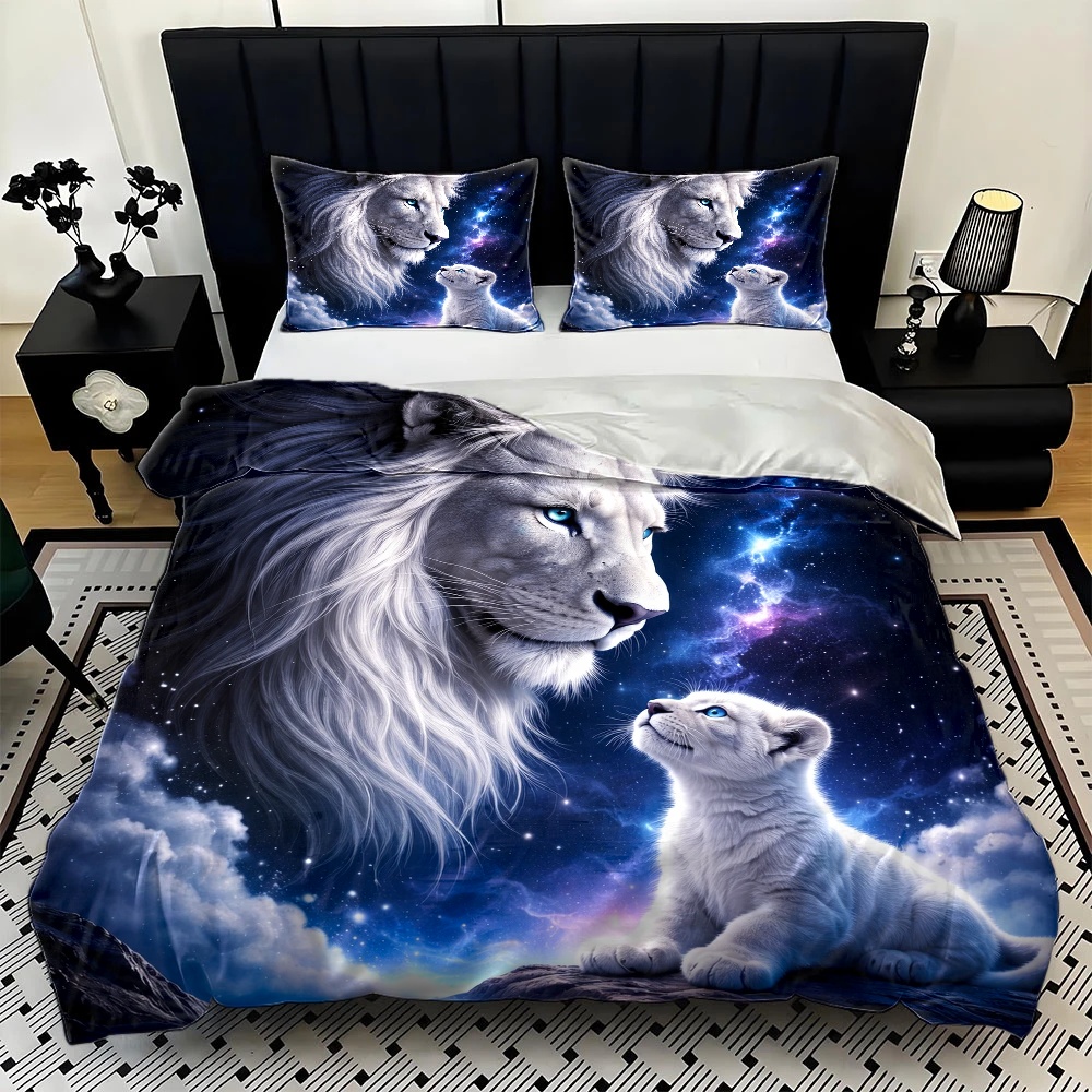 3ピース星空ライオン親子テーマ布団カバーセット、寝具3点セッ - Duvet Cover Sets With Zipper のレビューと価格