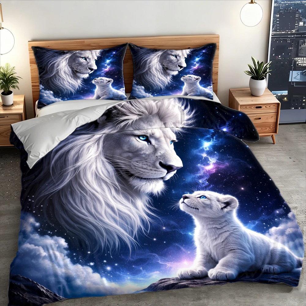 3ピース星空ライオン親子テーマ布団カバーセット、寝具3点セッ - Duvet Cover Sets With Zipper のレビューと価格
