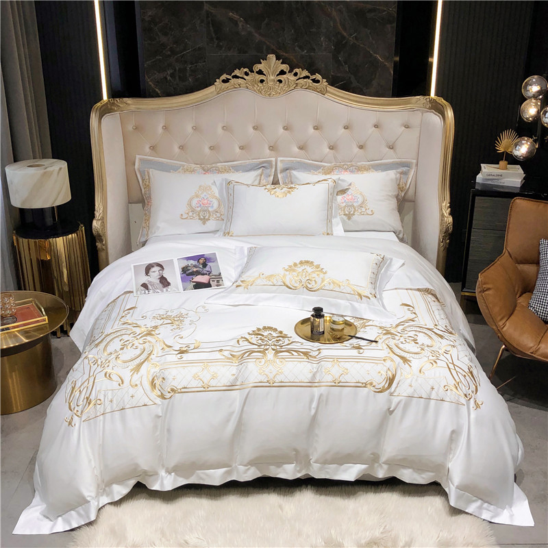 ラージベッドシーツセット,白,エジプト綿,金の刺embroi - Fitted Bed Sheets Deep Pocket のレビューと価格