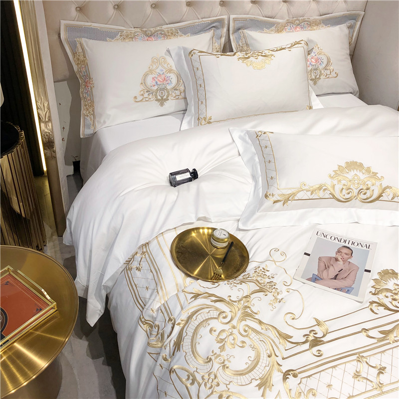 ラージベッドシーツセット,白,エジプト綿,金の刺embroi - Fitted Bed Sheets Deep Pocket のレビューと価格