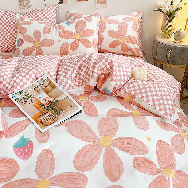 男の子と女の子のためのピンクの花柄の寝具セット,フラットシー - Aesthetic Floral Duvet Cover のレビューと価格