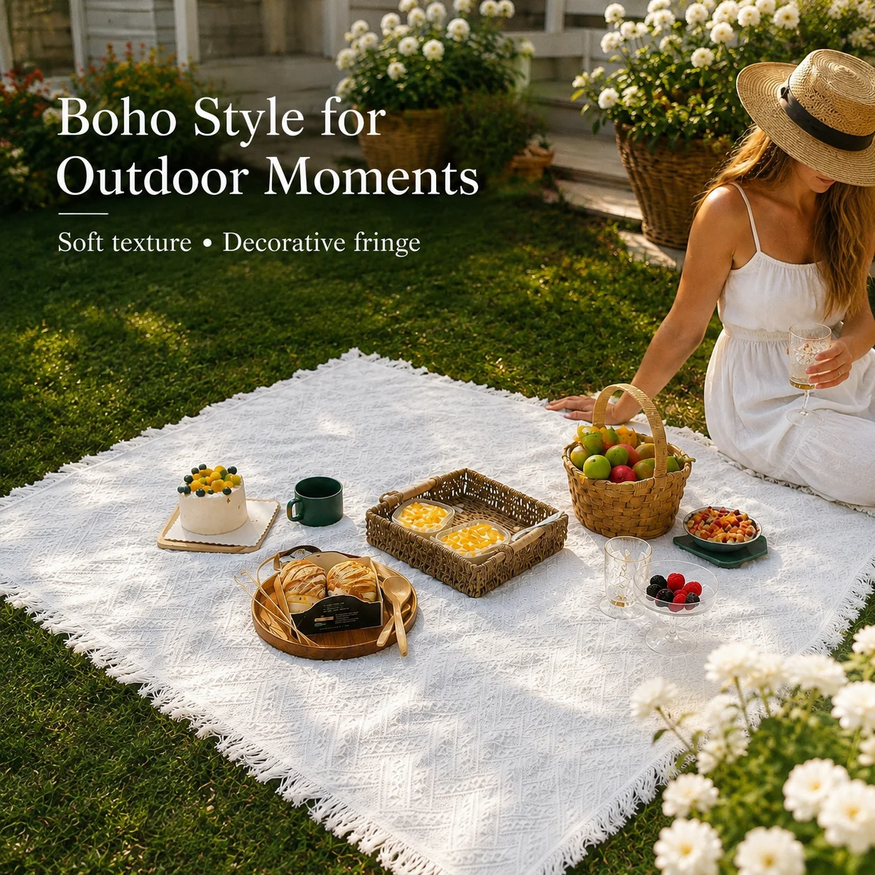 ボヘミアンピクニックブランケット アウトドアキャンプマット  - Boho Throw Blanket Fringe のレビューと価格