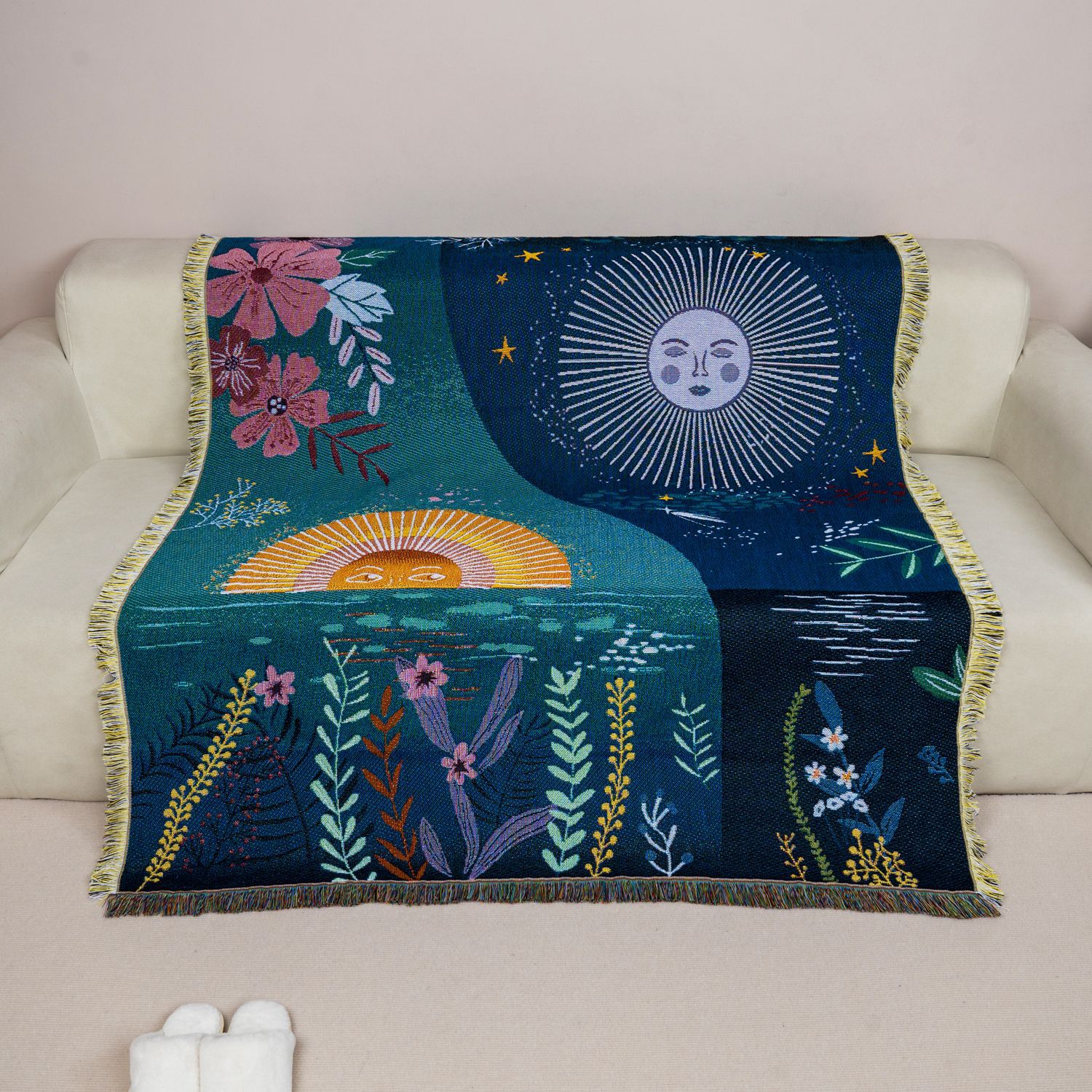 天体の太陽と月を織り込んだタペストリー、ボヘミアンシックな壁 - Boho Throw Blanket Fringe のレビューと価格