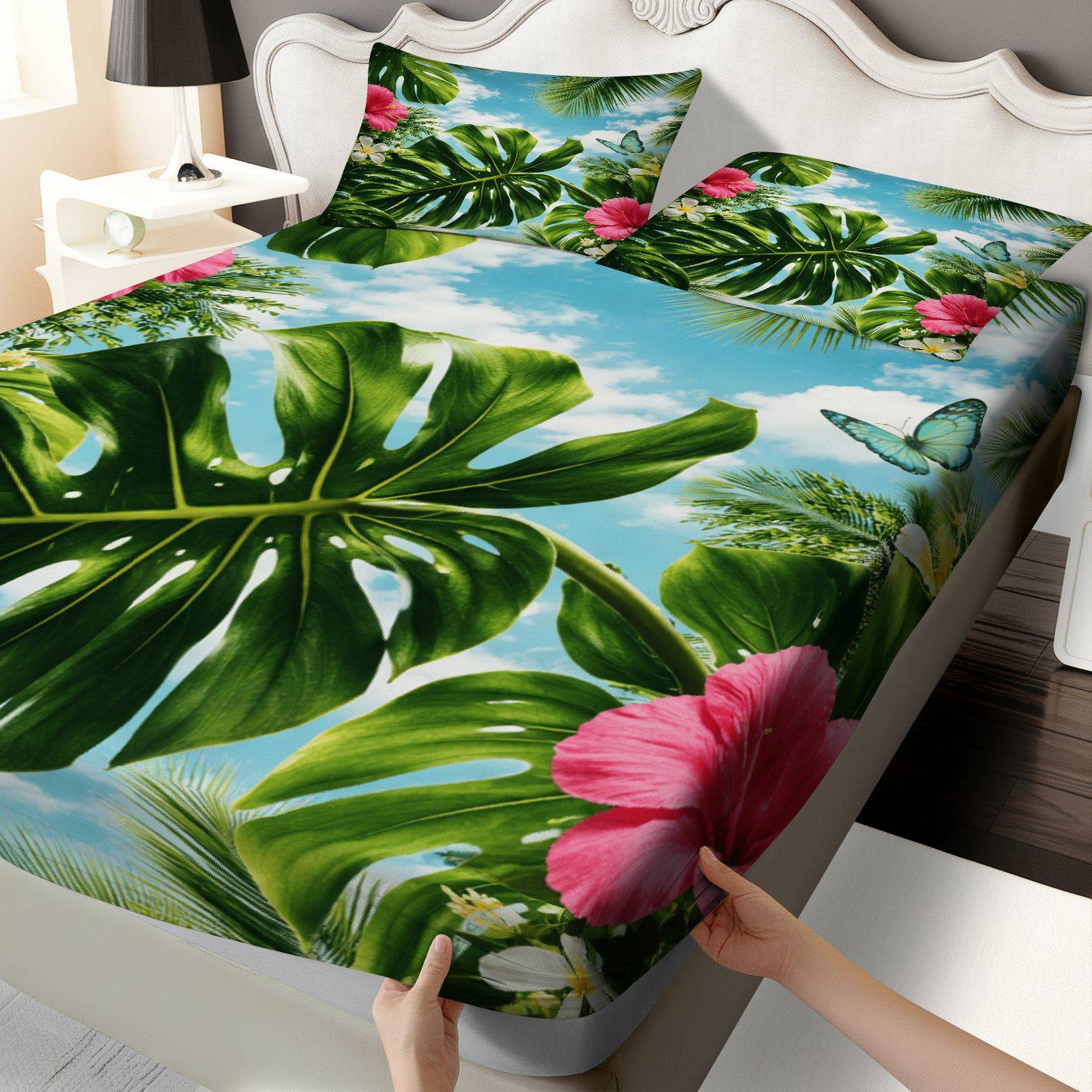 トロピカルハイビスカス柄ベッドシーツセット、サマーテーマ、ト - Fitted Bed Sheets Deep Pocket のレビューと価格