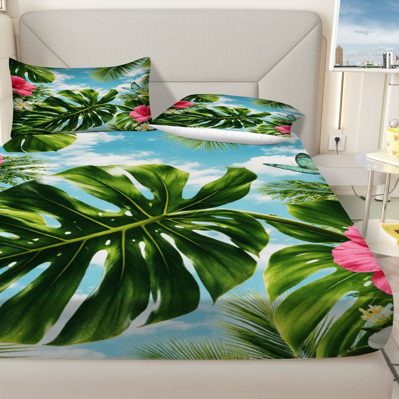 トロピカルハイビスカス柄ベッドシーツセット、サマーテーマ、ト - Fitted Bed Sheets Deep Pocket のレビューと価格