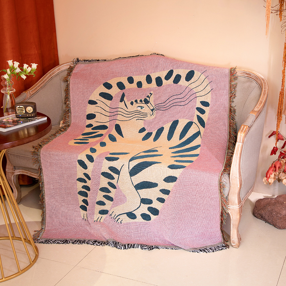 ボヘミアン風抽象猫柄ジャカード織りスローブランケット、芸術的 - Boho Throw Blanket Fringe のレビューと価格