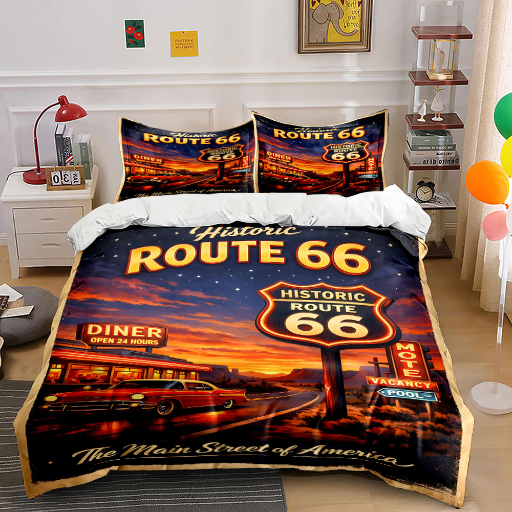 ルート66のノスタルジックな夜柄の布団カバーセット デジタル - Duvet Cover Sets With Zipper のレビューと価格